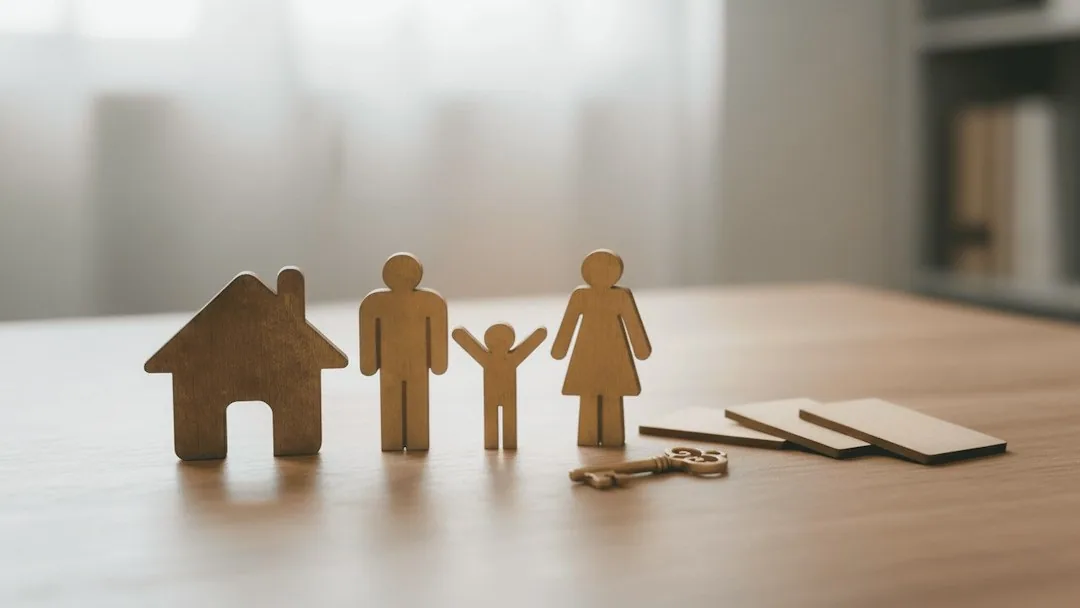Figuras de madera de familia con casa y llave, símbolo de planificación de herencias de gran patrimonio con Barcelona Tributario