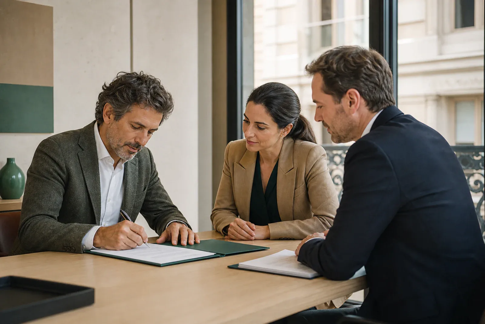 Unternehmer formalizando una decisión durante una reunión steuerlich